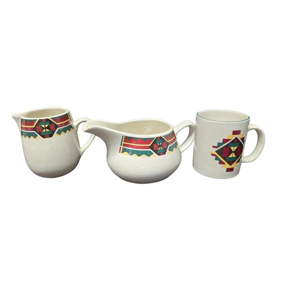 Vintage Tienshan Stoneware Native Aztec Gravy Boat Creamer Pitcher & Coffee Mug - Picture 1 of 12
